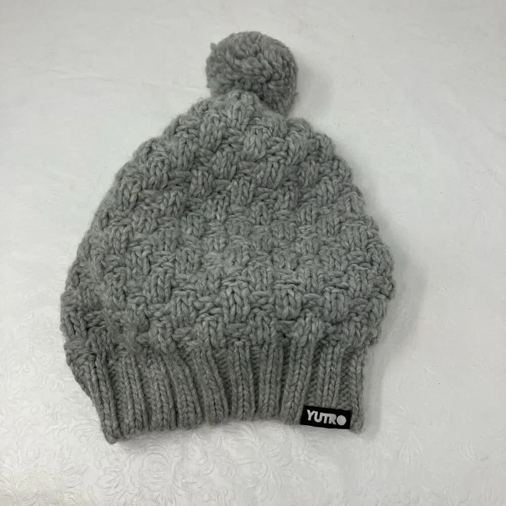 Wool Blend Beanie Hat Pom Knit Ski Hat Cuff Gray Yutro Poland Vintage
